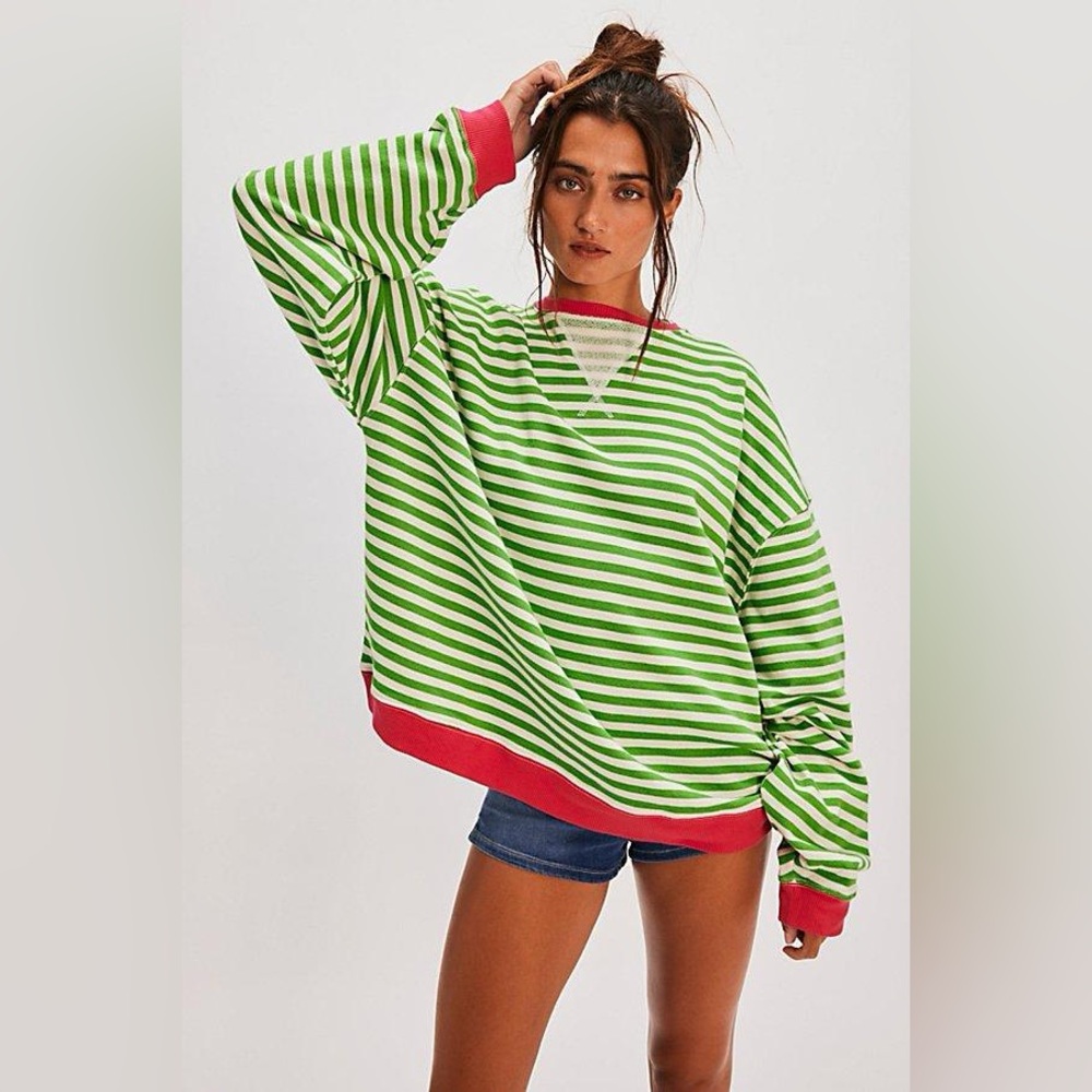We The Free Green and Red Striped Sweatshirt